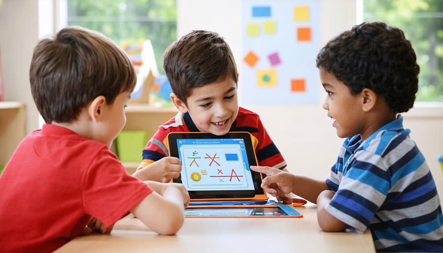 Diverse group of 7-year-old students collaboratively using educational math apps on tablets
