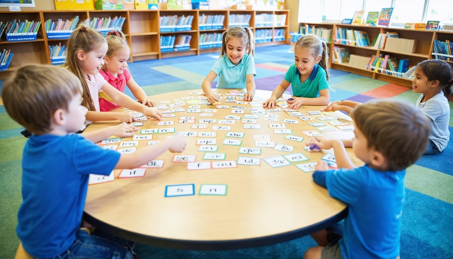 "Elementary students playing an interactive vocabulary game at a table in a brightly lit classroom."