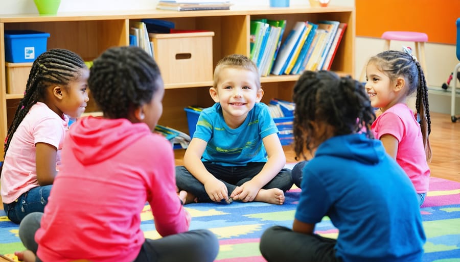 Kindergarten students sitting in circle with teacher on colorful classroom rug