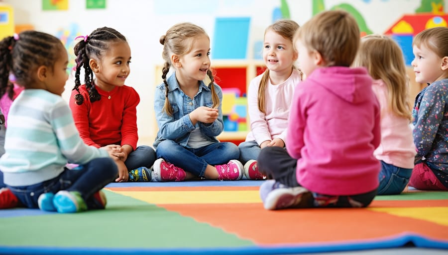 "Kindergarten students and teacher sitting in a circle discussing classroom rules on a colorful rug."
