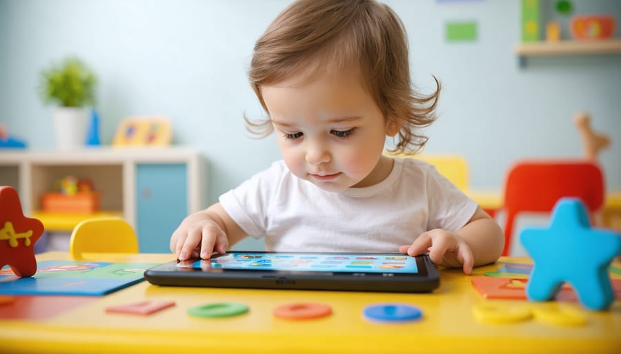 Kindergarten student engaged with interactive letter recognition app on tablet