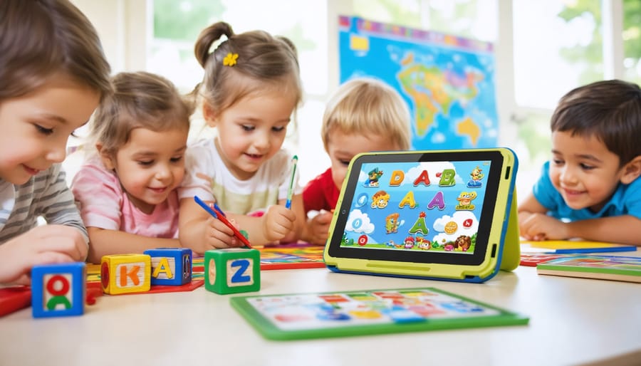 Kindergarten students engaging with tablets and colorful learning tools in a dynamic tech-enhanced classroom, highlighting the fusion of digital and hands-on educational activities.