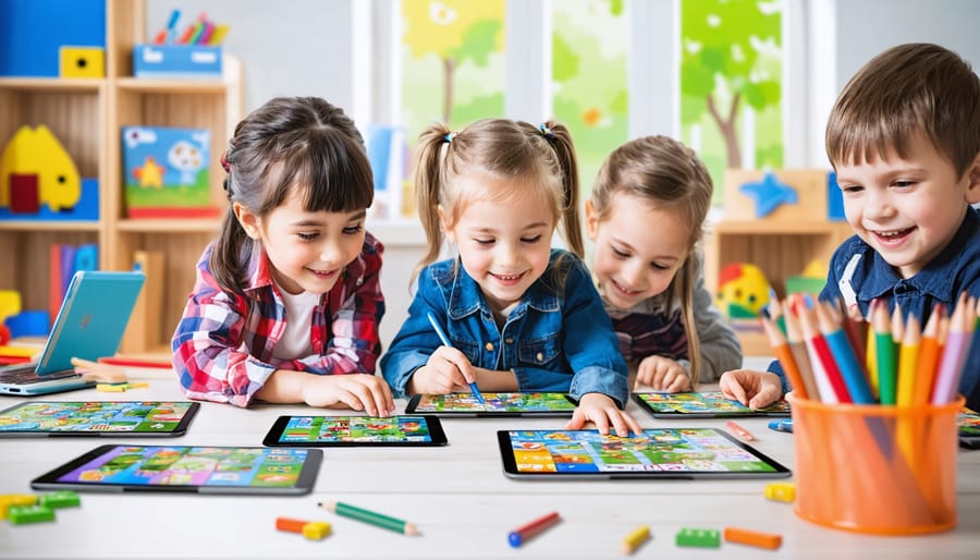Enthusiastic 7-year-old students engaged in a diverse range of educational games within a lively classroom setting, exhibiting joy and collaboration.