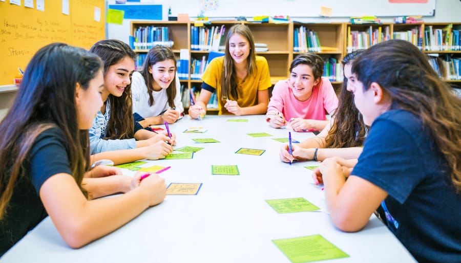 "Diverse group of students engaging in a classroom literature review game around a table with bright cards and materials."