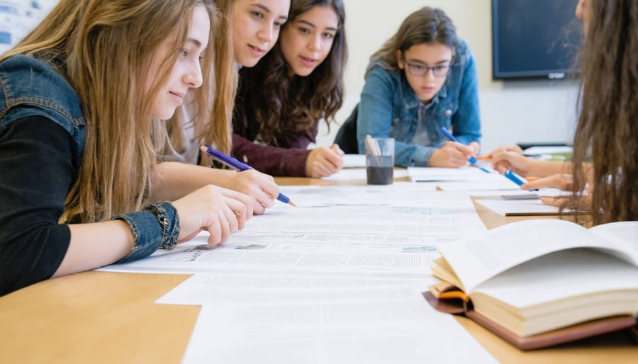 Students gathered around a classroom table playing an educational game together