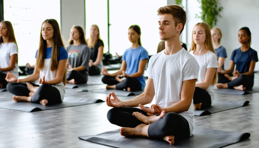 Students stretching and moving mindfully beside their desks in a classroom setting