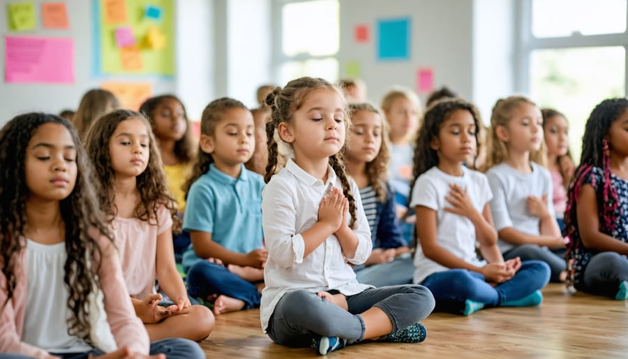 "Diverse group of students seated in a classroom practicing mindfulness exercises with peaceful expressions."