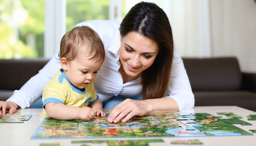 Parent helping young child solve a colorful educational puzzle