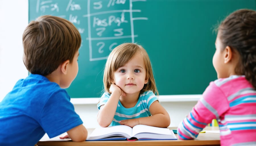 Parent and teacher discussing child's progress while child shows their work