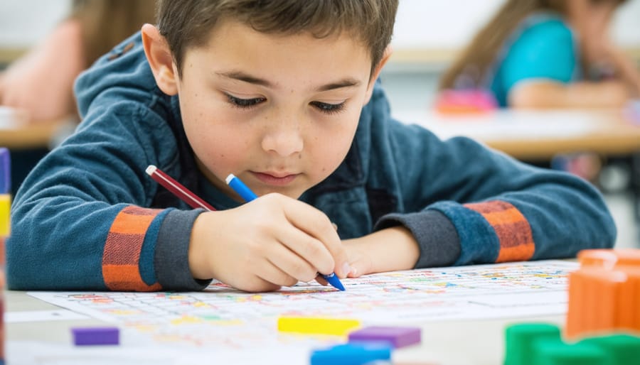 Young child working independently with wooden pattern blocks at classroom desk