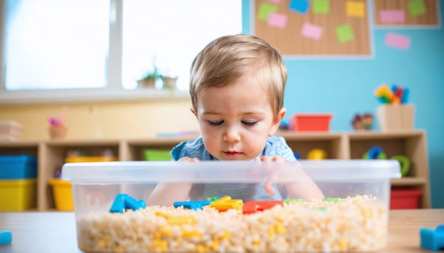 "Young child engaged with a sensory bin containing rice and colorful magnetic letters in a soft-lit classroom."