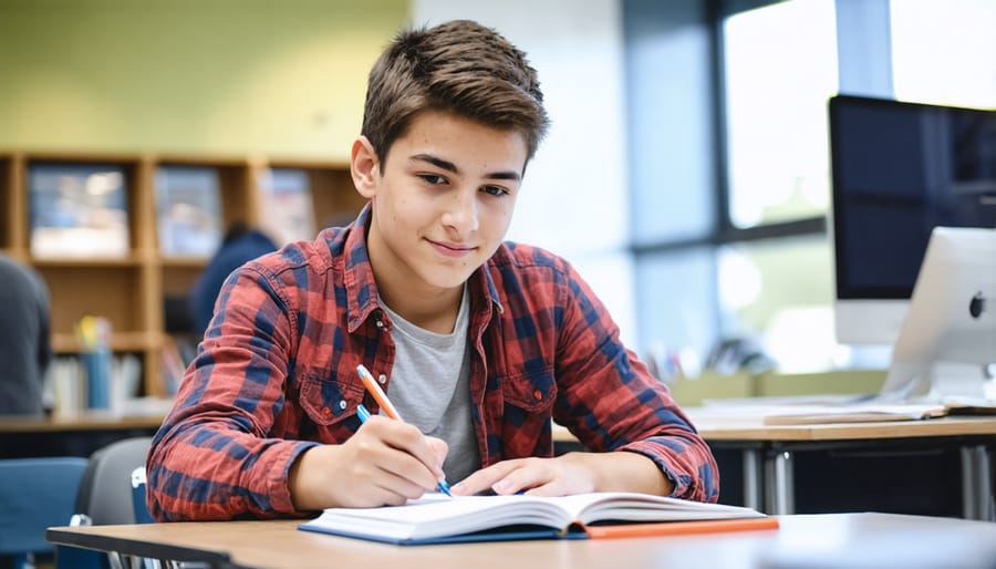 Student reflecting in a classroom time-out zone with learning materials