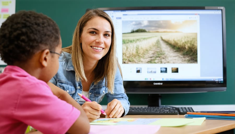 Elementary school teacher praising a student's work in front of classmates
