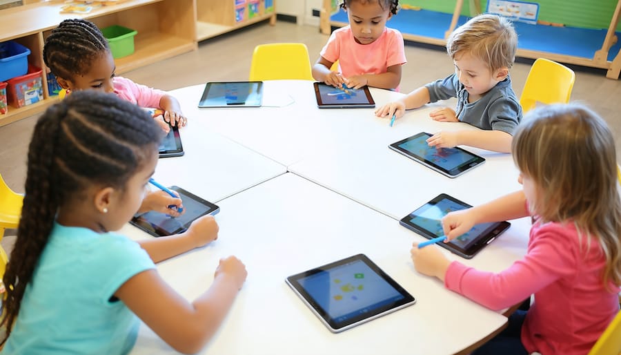 "Preschool children using tablets in a classroom environment, participating in digital learning activities."