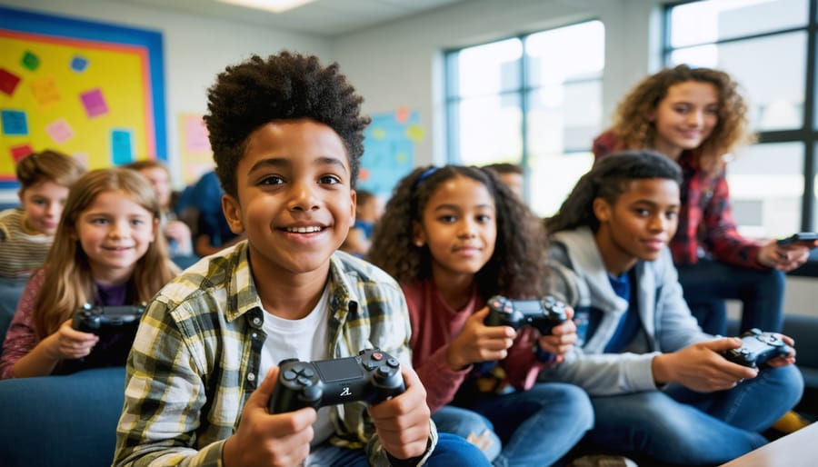 "Students in a modern classroom using PlayStation 4 controllers for educational games, with expressions of enjoyment and concentration."