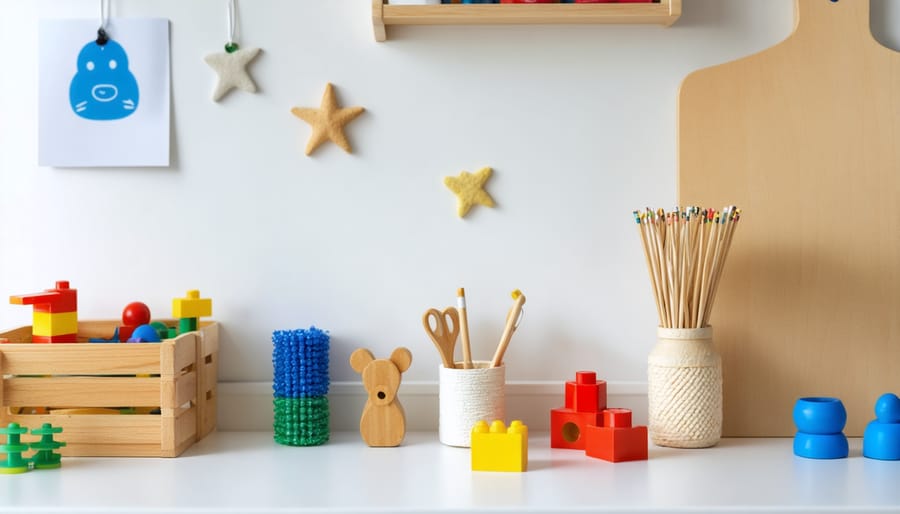 Classroom sensory bins filled with educational materials in a peaceful learning environment