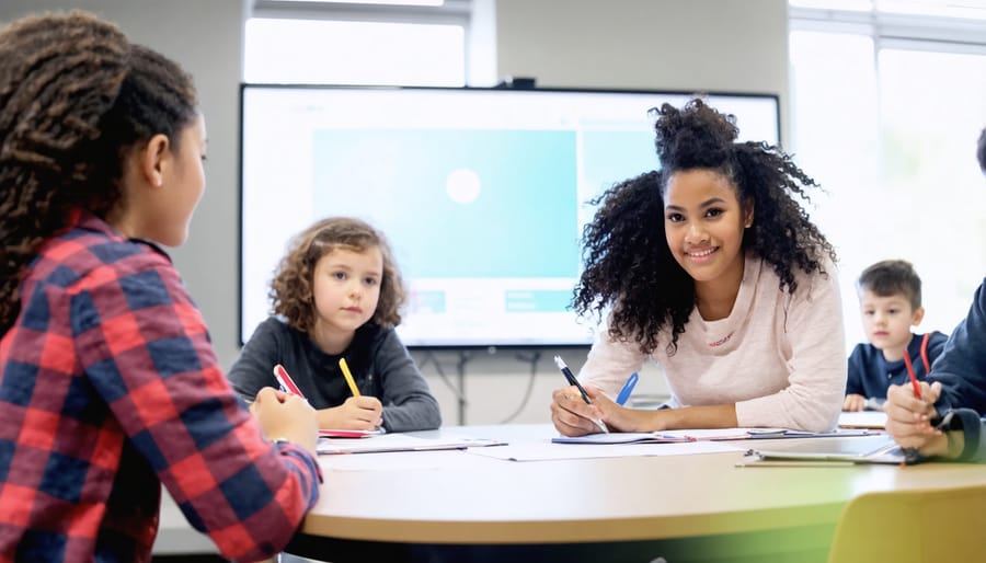 Overhead view of four students at round table working with assigned group roles