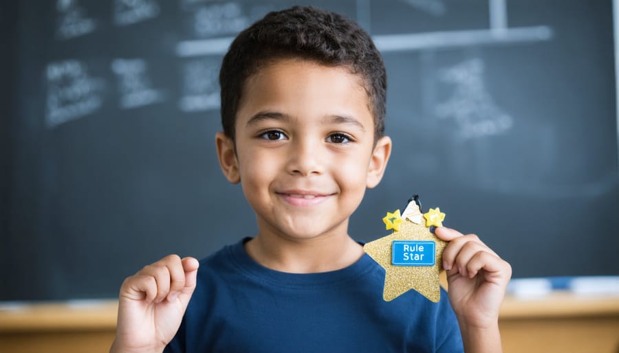 Smiling kindergarten student wearing gold star badge helping peer