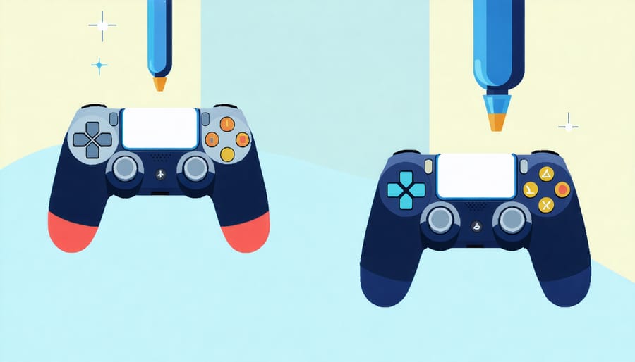 Hands holding PS4 controller with science-themed game environment in background