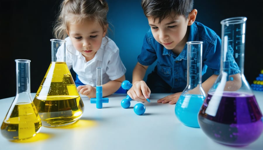 Students working with molecular models and geometric shapes in a modern classroom setting