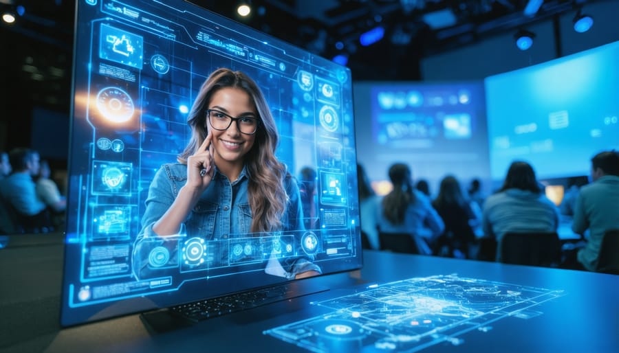 Classroom with projected interactive technology tools and students engaged in structured learning activity