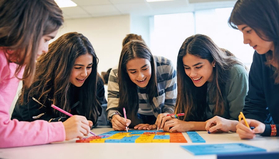 Students working together with letter tiles at a classroom table