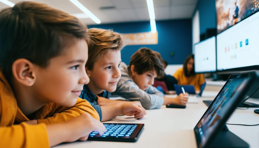 Student hands interacting with educational game on tablet device