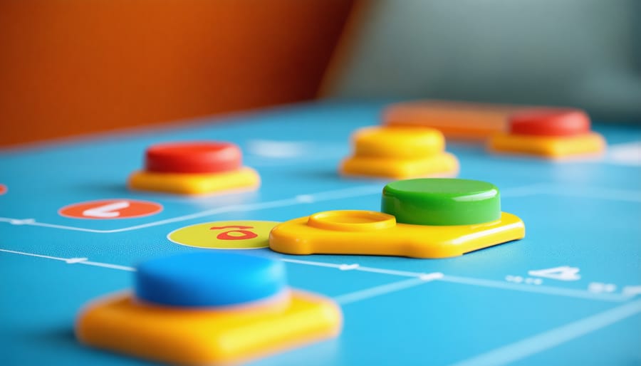 Close-up of elementary students' hands reaching for colorful educational game pieces on classroom table