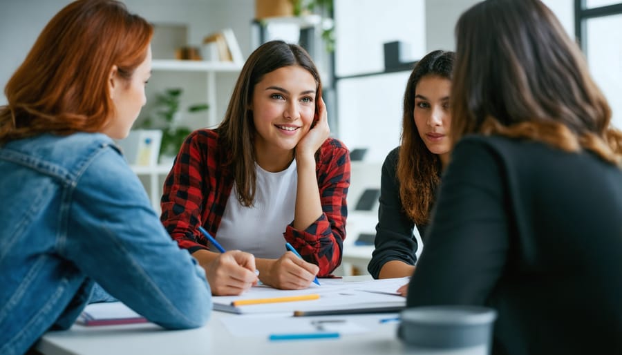 Teacher providing guidance to small student group during collaborative work