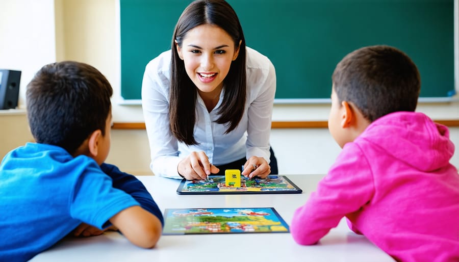 Teacher guiding students through an educational group activity in a classroom