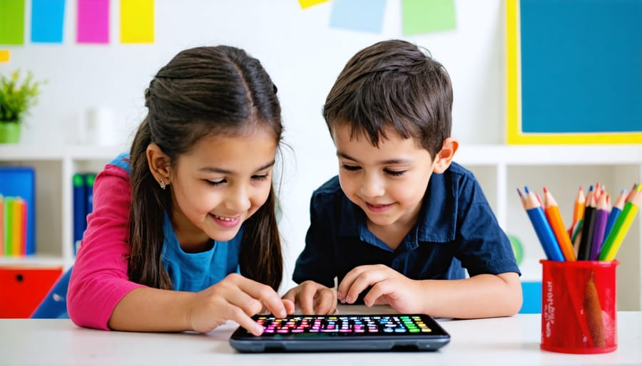 Teacher providing individual assistance to student during educational game activity