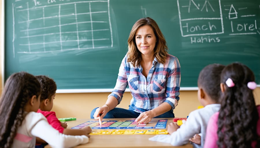 Teacher leading students in an interactive educational game