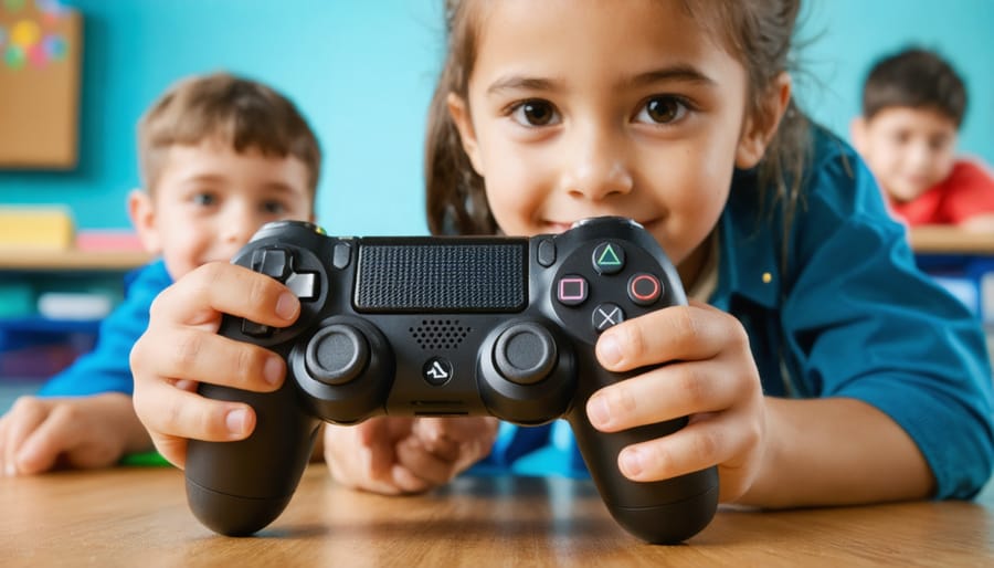 Elementary teacher and students celebrating together during educational game activity