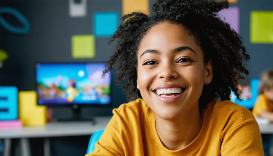 Teacher enthusiastically leading a virtual classroom game