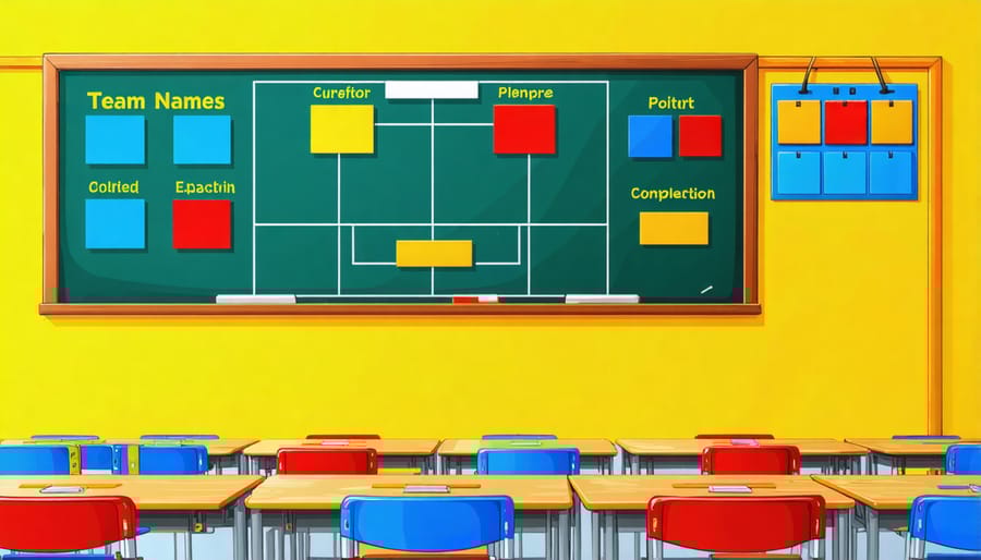 Interactive classroom scoreboard showing multiple team scores and achievements