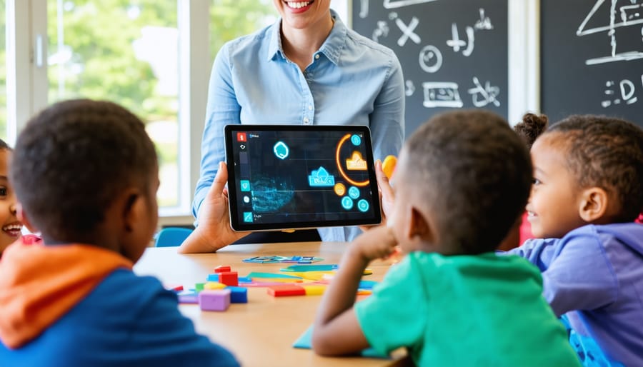 Over-the-shoulder view of a teacher holding a tablet to manage a classroom game while students in small groups use tablets in a sunlit modern classroom, with a projector displaying colorful abstract shapes in the softly blurred background