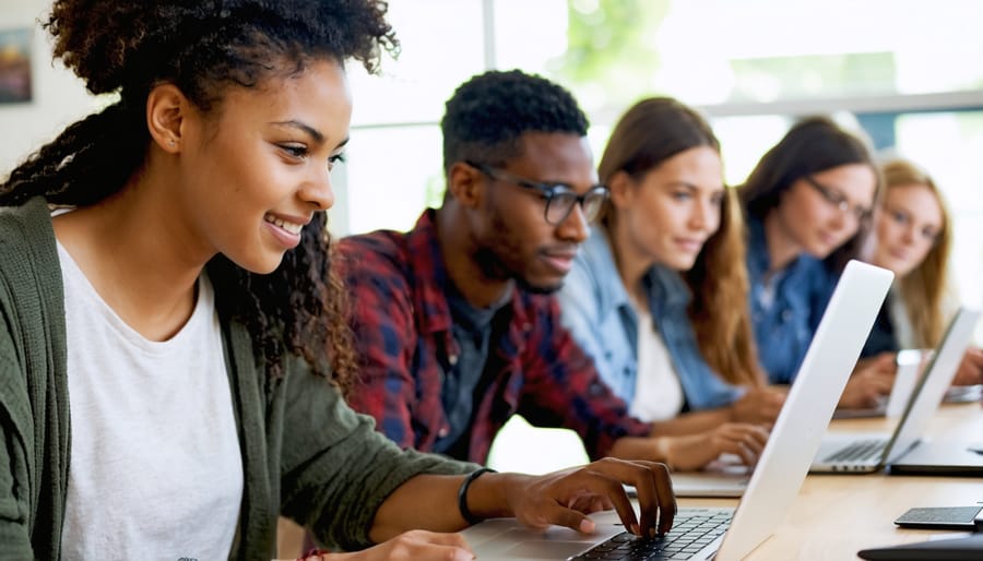 "Diverse group of university students using laptops and tablets for e-learning in a modern classroom with natural daylight."