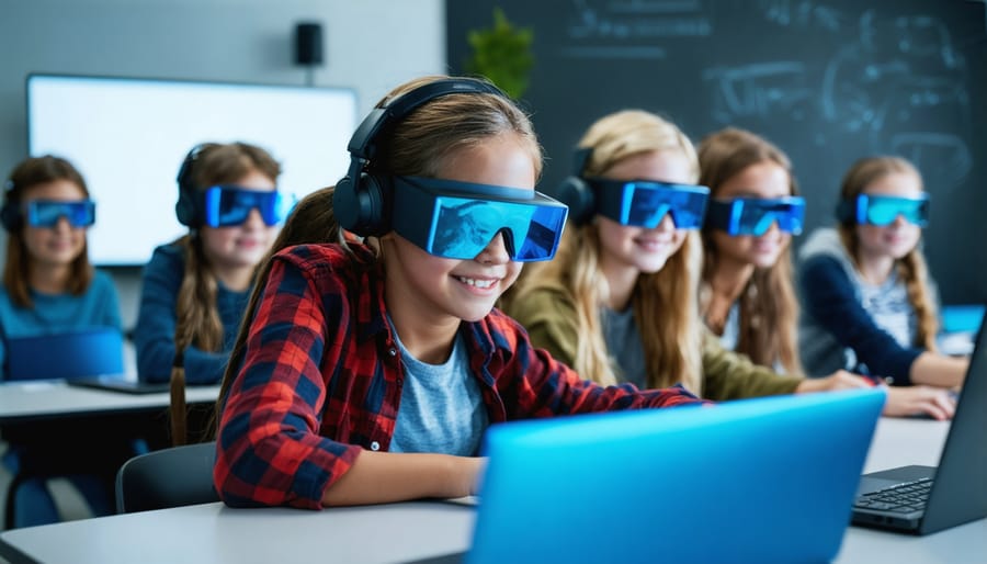 Students working together on digital devices in a bright modern classroom