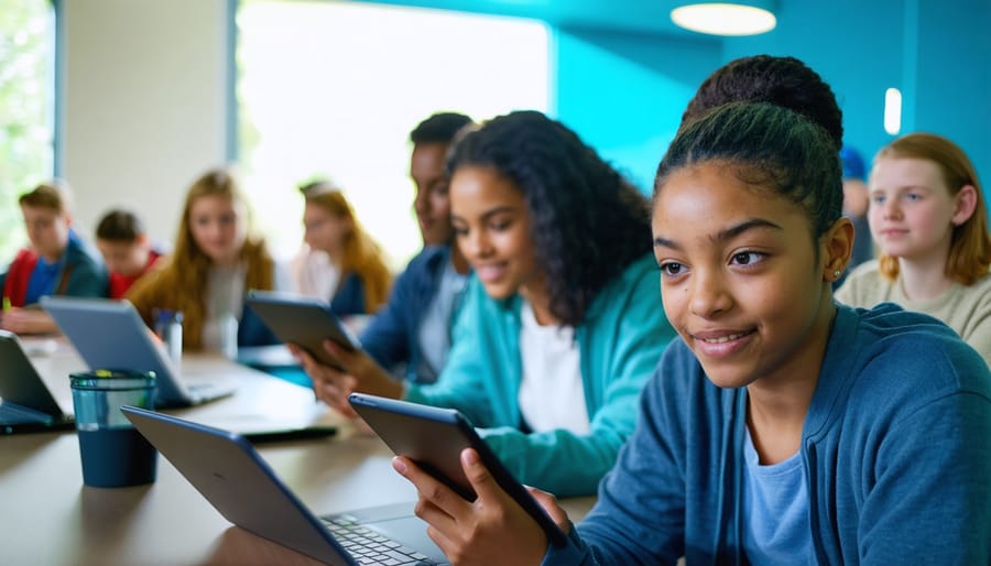 "Diverse group of students actively using tablets and laptops in a bright, modern virtual classroom setting."