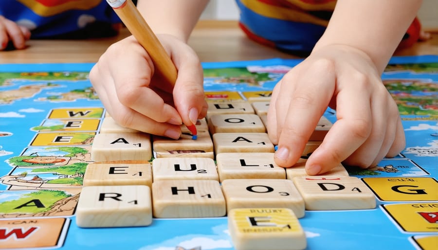 Educational word-building game with children actively participating