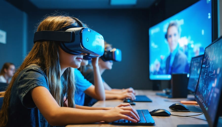 Multiple students wearing VR headsets in a modern classroom environment