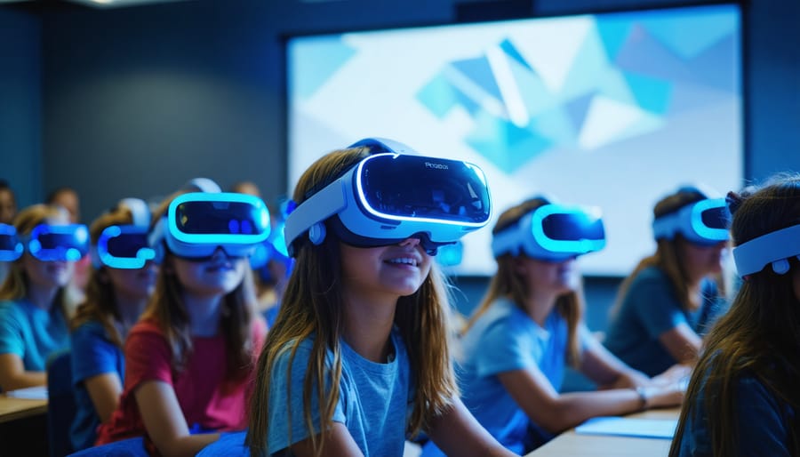 "Students wearing VR headsets in a classroom, engaged in immersive virtual reality learning experiences."