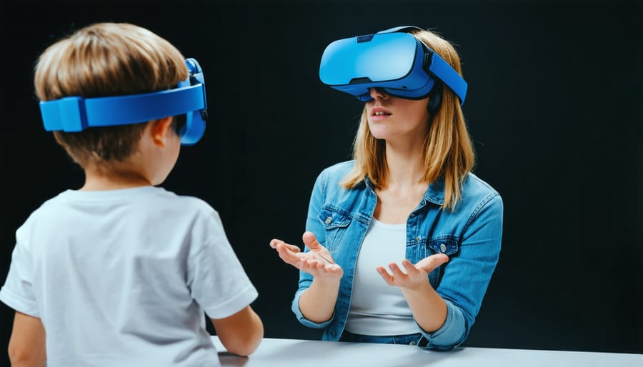 Teacher showing students how to properly set up and use VR equipment in classroom