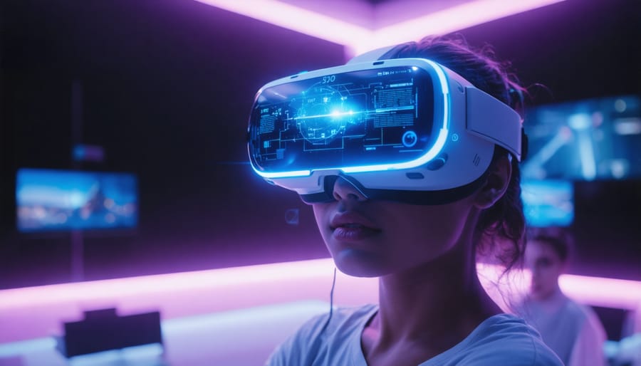 Student wearing VR headset and making interactive gestures in educational setting