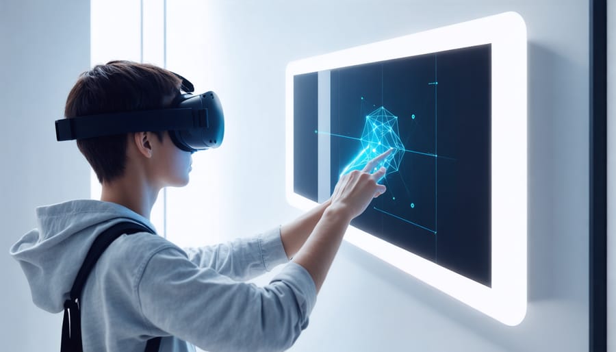 Student using hand gestures to manipulate virtual 3D scientific models in VR