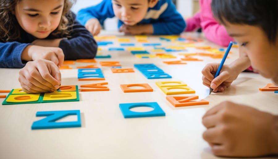 Hands arranging colorful letter tiles on blue surface