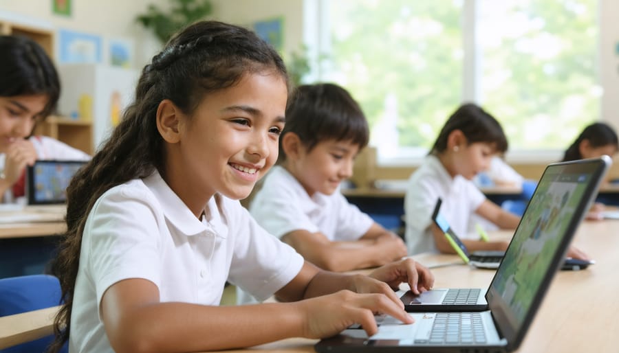 Students in a calm, softly lit classroom engaged in zen word games on tablets, surrounded by a serene, nature-inspired atmosphere.