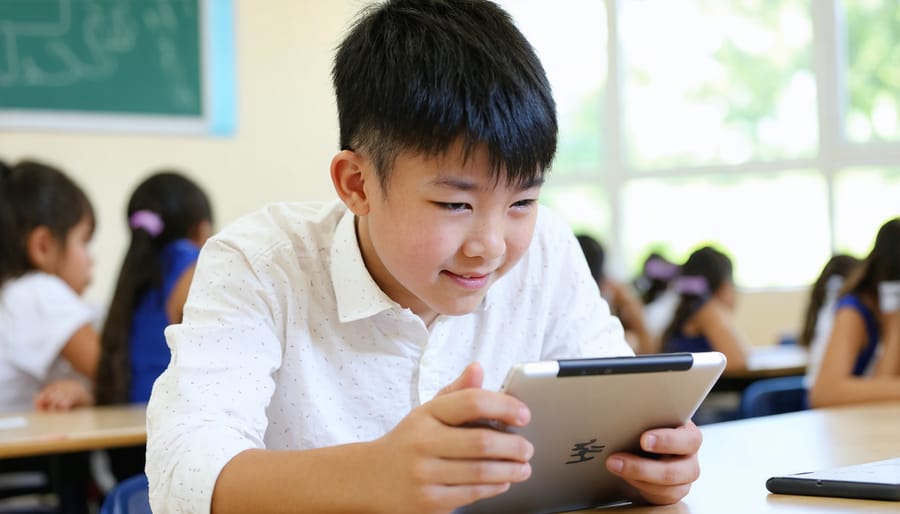 Student engaging with a zen word game on a tablet in a calm classroom environment