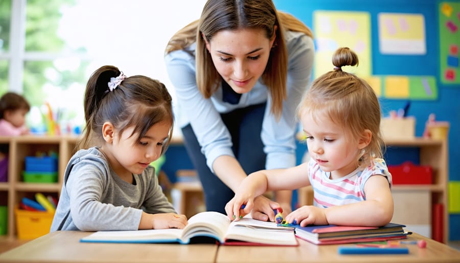 Teacher at eye level guiding two students in a classroom—one stretching at a movement station, another using a sand timer at a desk—with soft natural light and blurred classmates in the background.