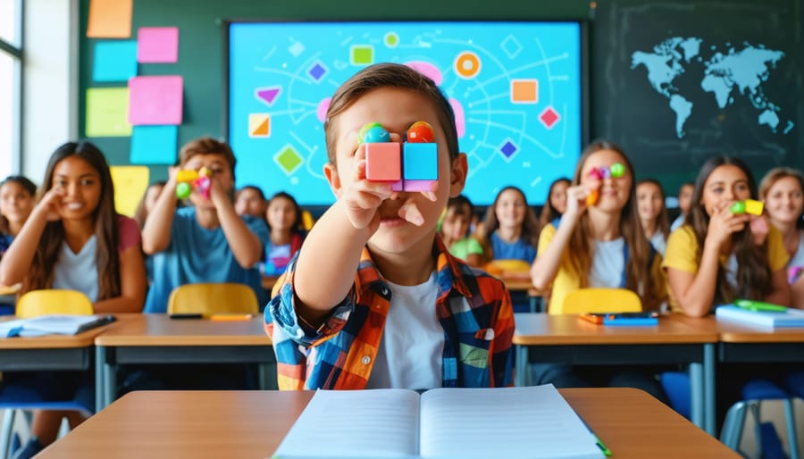 High school students holding colorful buzzers participate in a teacher-led game-show style review, with a projected screen and an unlabeled world map in the background.